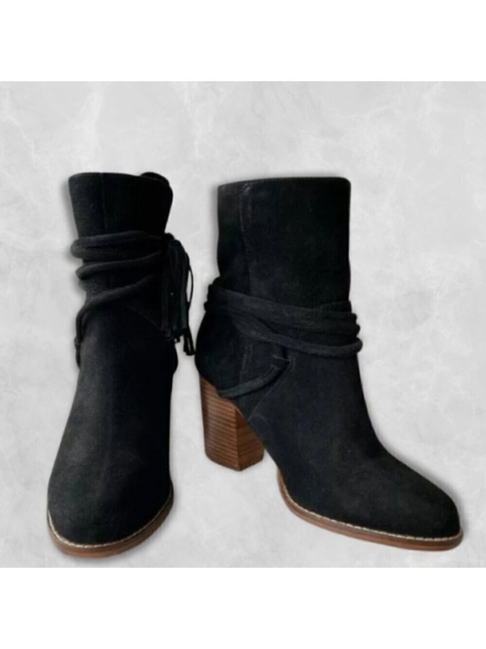 ALDO Suede Ankle Boots Stacked Heel Wrap Tassel Detail Black Women's US 8.5 NWOT